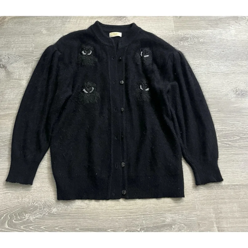 VTG Belldini  Angora Lambs Wool Oversized Button Up Cardigan Black Sweater 18/20